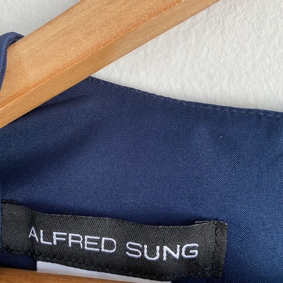 Alfred Sung Navy Satin Ball Gown Maxi Wedding Dress Prom Red Carpet Designer 4 - Picture 10 of 11